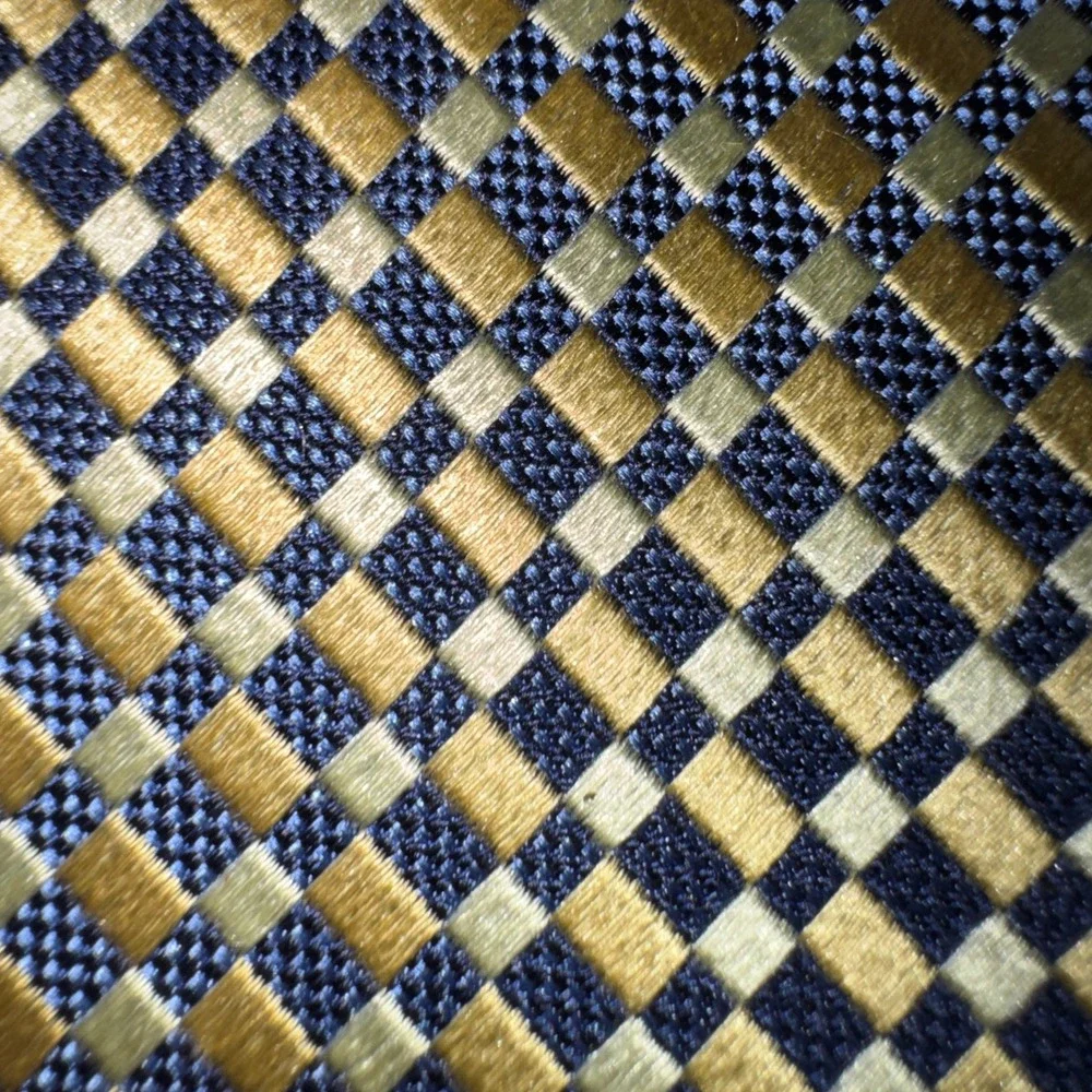 Foggia Mens Silk Tie Navy Gold Yellow Geometric Checkerboard Handmade Necktie